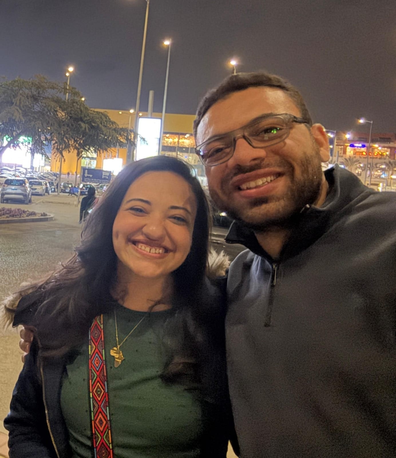 A night-time selfie of Nada and John